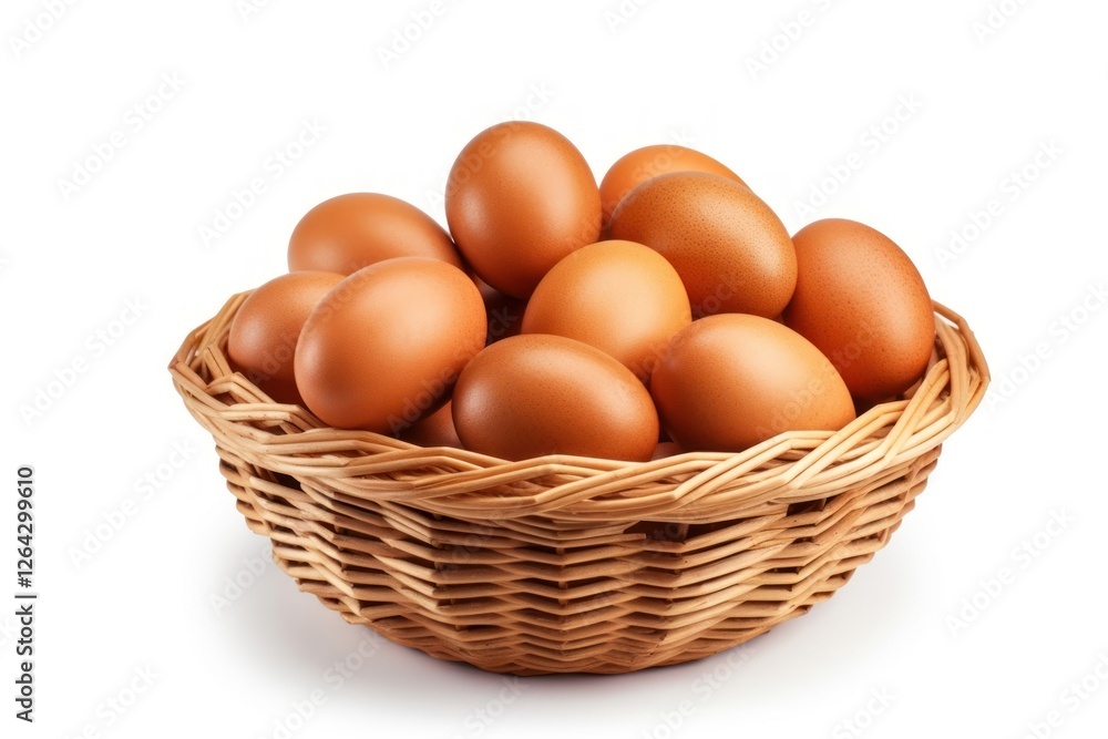 Large brown eggs in a wicker basket food white background simplicity. Large brown eggs in a wicker basket food white background simplicity.