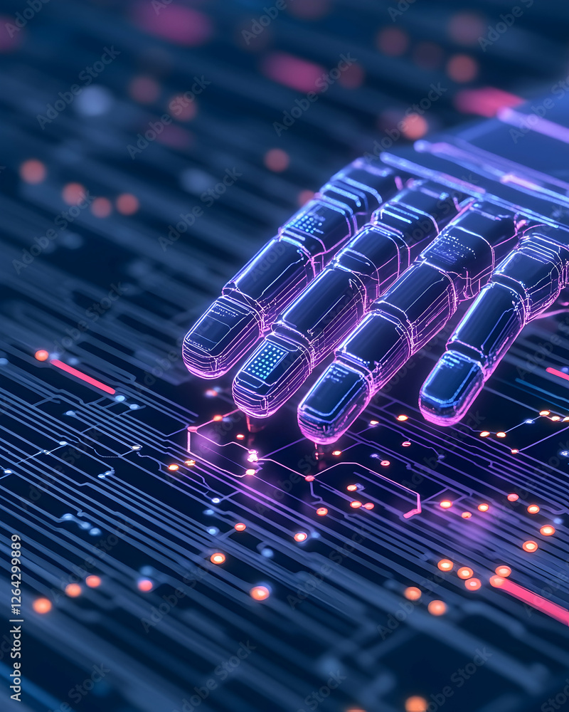 Robot Hand Integrated Into Circuit Board for Tech Use, with Glowing Background generative AI Robot Hand Integrated Into Circuit Board for Tech Use, with Glowing Background generative AI