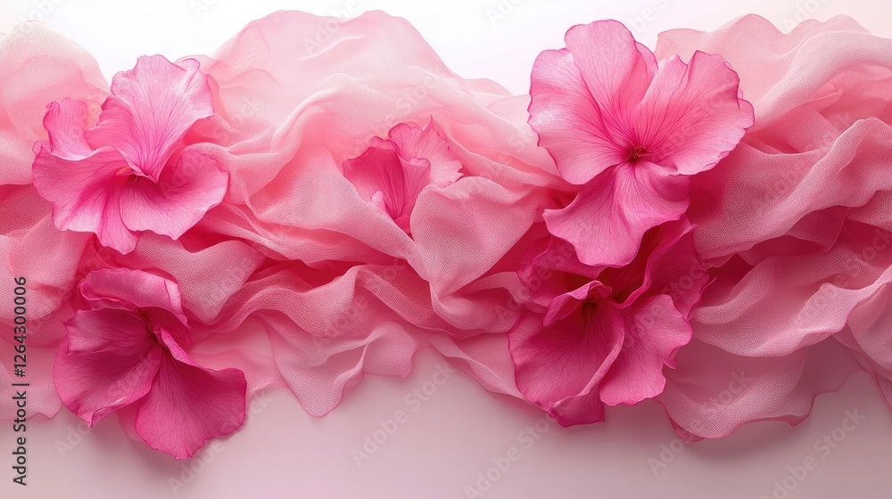 Delicate pink flowers intertwined with soft fabric, creating a serene and elegant backdrop Delicate pink flowers intertwined with soft fabric, creating a serene and elegant backdrop