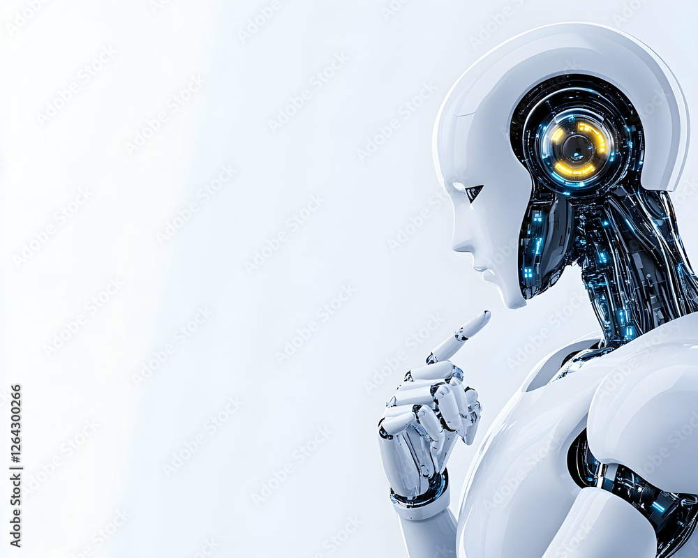 Robot Thinking, Technology. Artificial intelligence. Future of automation. Use AI generative AI