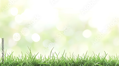 Realistic green lawn grass border with sun light. Easter sunny park field frame for poster with bokeh reflection. Outdoor summer fluffy morning gras panorama. Blur fresh sprout on farm glade
