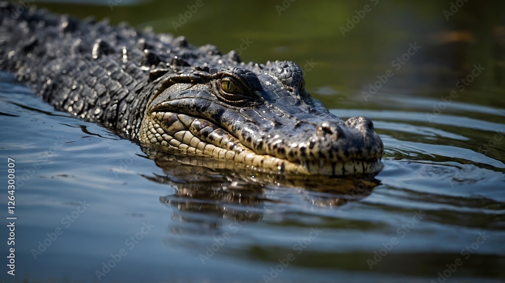 Silent Predator: Close-Up of Alligator Gliding Through Murky Swamp Silent Predator: Close-Up of Alligator Gliding Through Murky Swamp