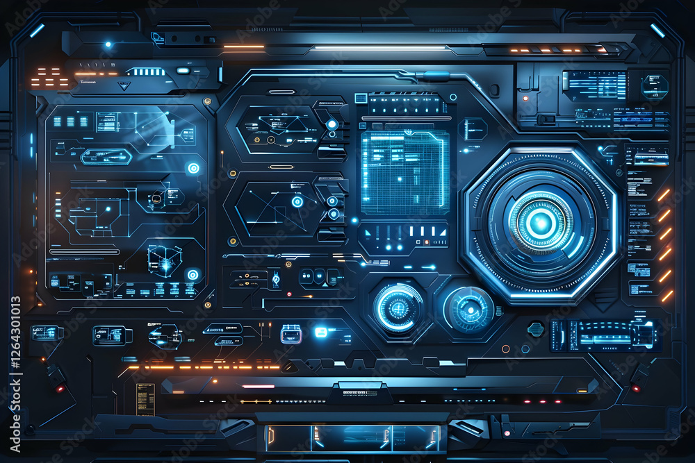 Futuristic control panel with glowing interfaces and digital displays in a high-tech environment Futuristic control panel with glowing interfaces and digital displays in a high-tech environment