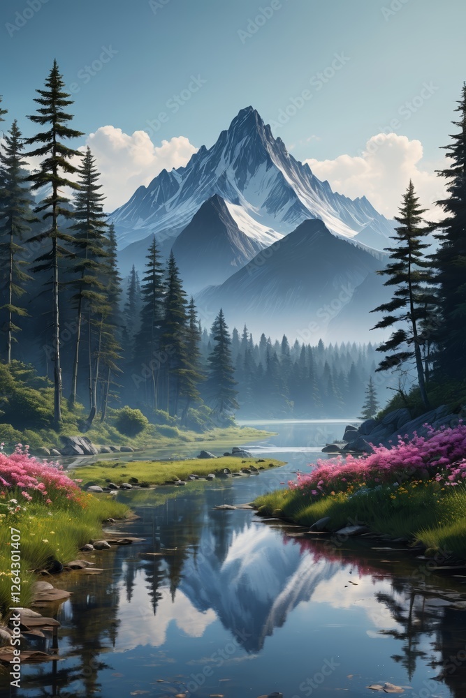 Naklejka premium painting of a mountain scene with a stream and trees
