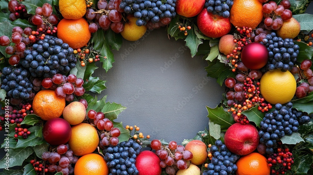 A vibrant fruit wreath with oranges, grapes, apples, and berries. Perfect for holiday themes, healthy eating, or seasonal celebrations. A vibrant fruit wreath with oranges, grapes, apples, and berries. Perfect for holiday themes, healthy eating, or seasonal celebrations.
