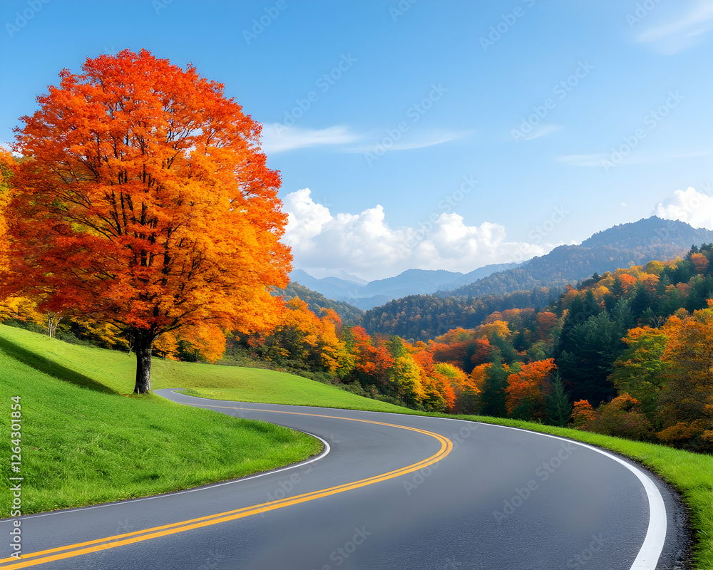 Obraz premium Scenic mountain road winds through autumn foliage trees, creating a vivid landscape generative AI