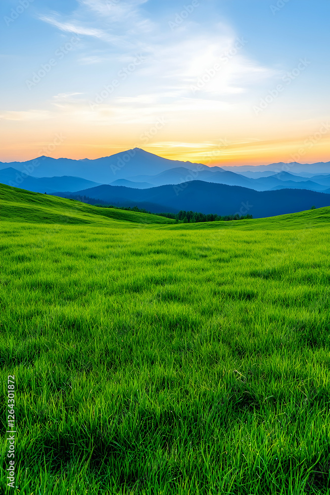 Fototapeta premium Scenic green rolling hills sunset. Tranquil view for travel or nature background generative AI