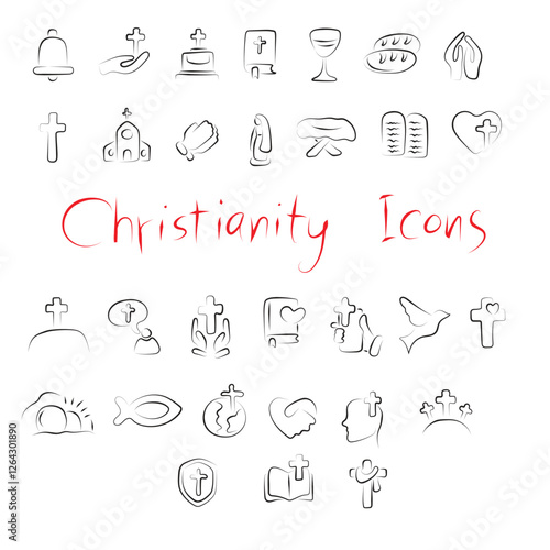 Christian religion line icon set illustration vector hand drawn with black lines isolated on white background