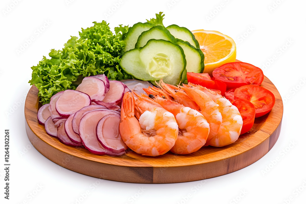 Seafood platter with shrimp and vegetables on a wooden board for healthy eating generative AI Seafood platter with shrimp and vegetables on a wooden board for healthy eating generative AI