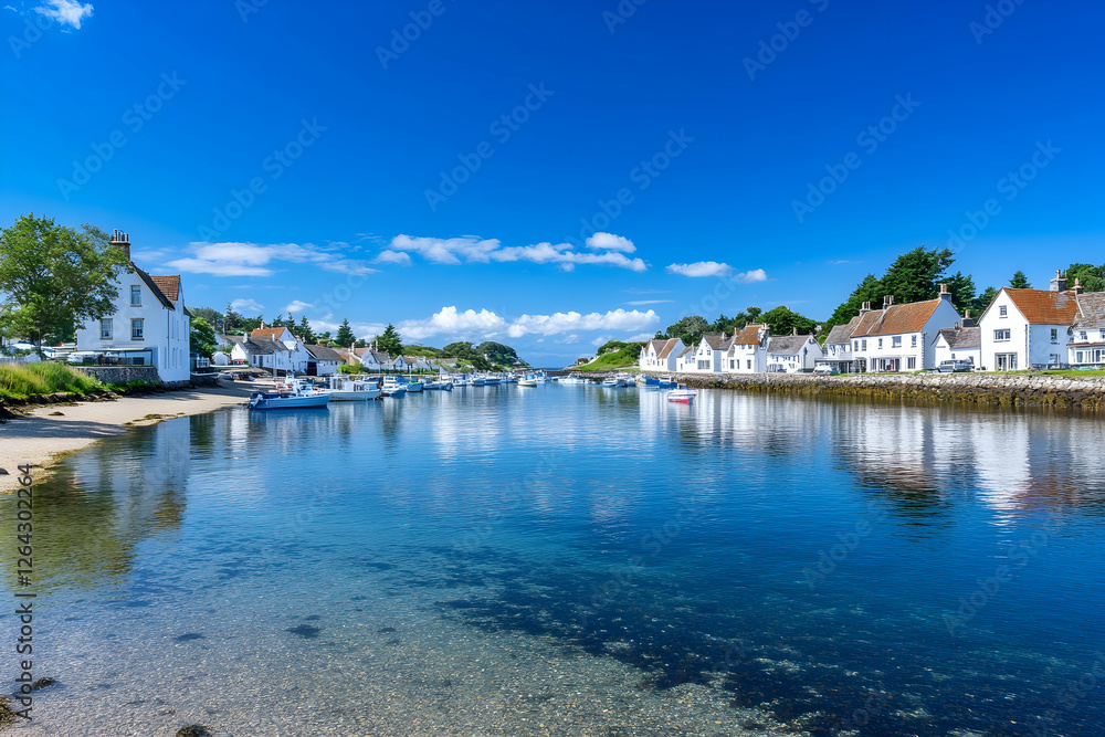 Seaside village harbor view with white houses under a bright sky for travel promotion generative AI Seaside village harbor view with white houses under a bright sky for travel promotion generative AI