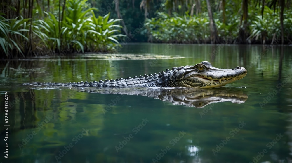 Fototapeta premium Tranquil Waters: Alligator Gliding Through Jungle River with Reflections