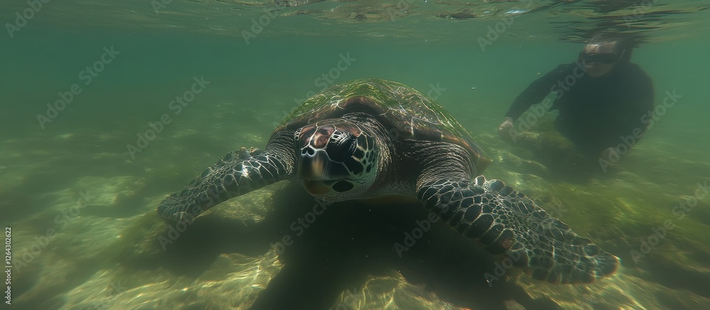 Fototapeta premium Underwater Sea Turtle Encounter Diver & Reef