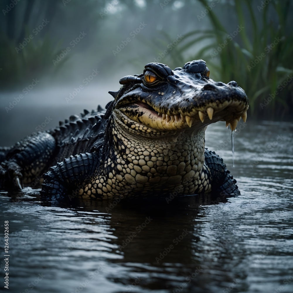 Fototapeta premium Dusk Predator: Alligator Rising from Foggy Swamp with Intense Gaze and Sharp Teeth