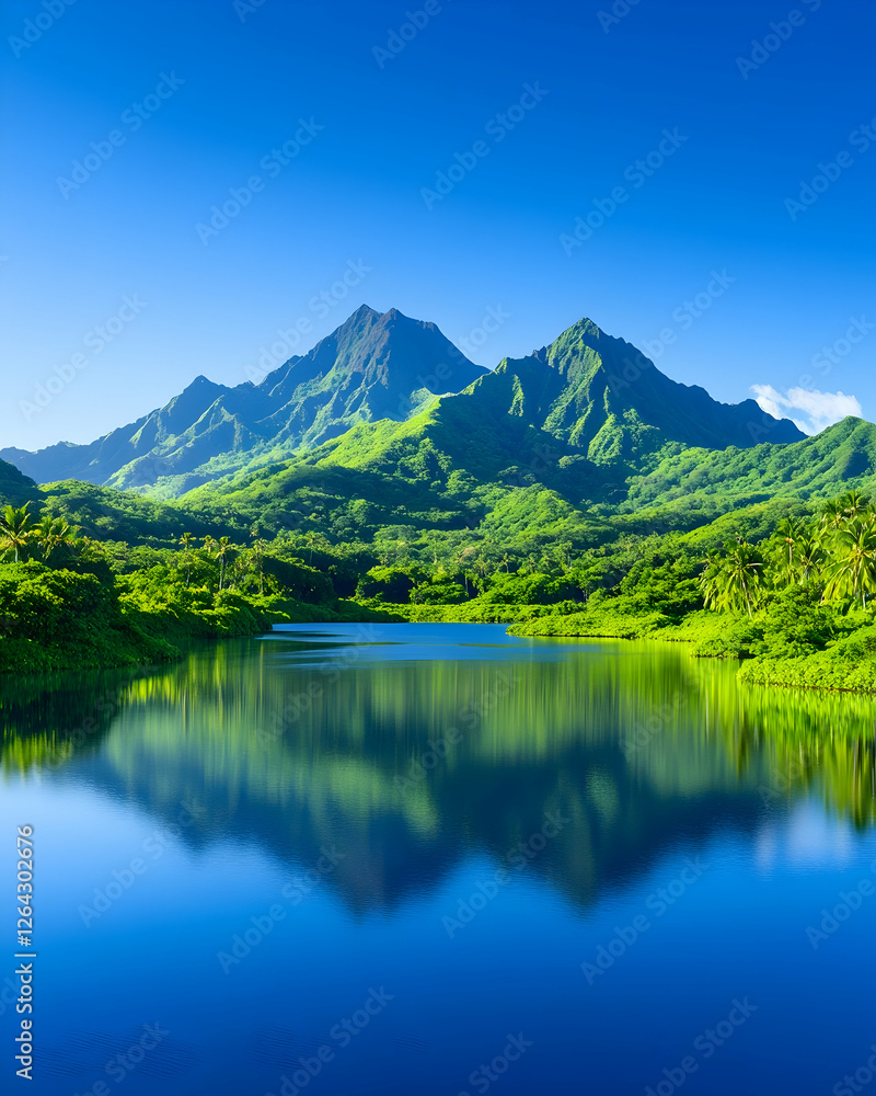 Fototapeta premium Serene lake reflecting green mountains on a clear day, for nature illustration generative AI