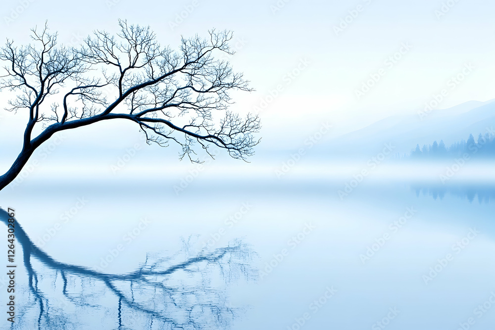 Serene tree reflecting on misty water. Background mountains. For wallpaper generative AI Serene tree reflecting on misty water. Background mountains. For wallpaper generative AI