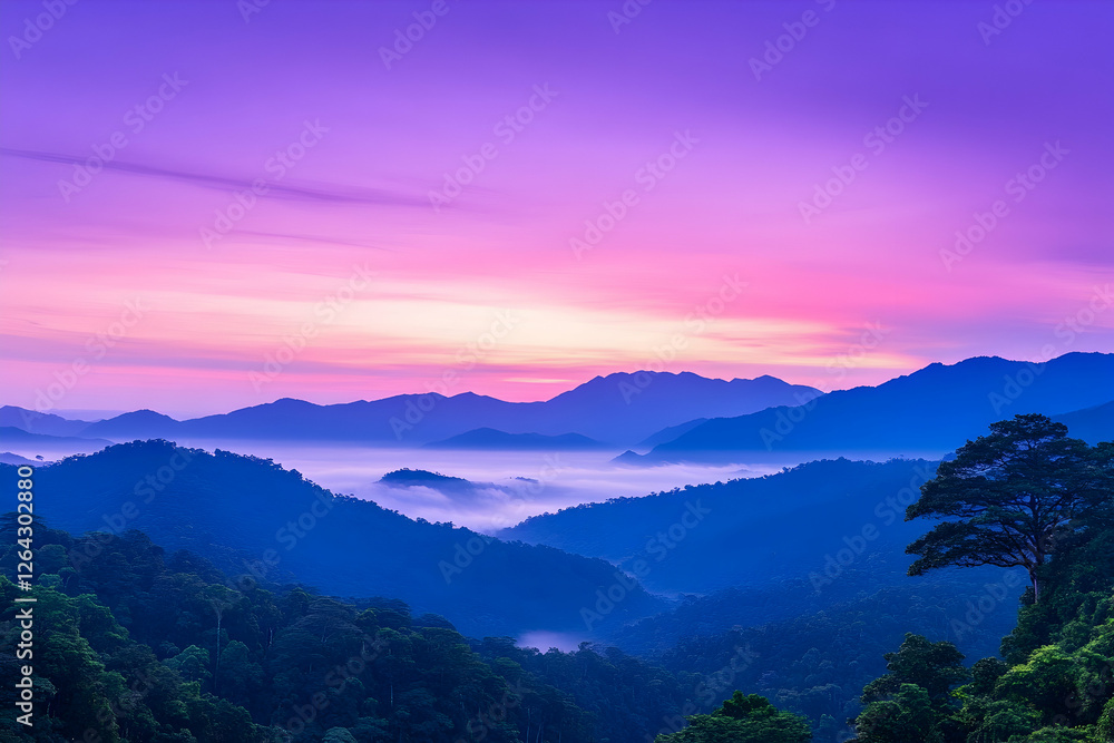 Obraz premium Serene misty sunrise over rolling green hills, shrouded in fog. Nature stock generative AI