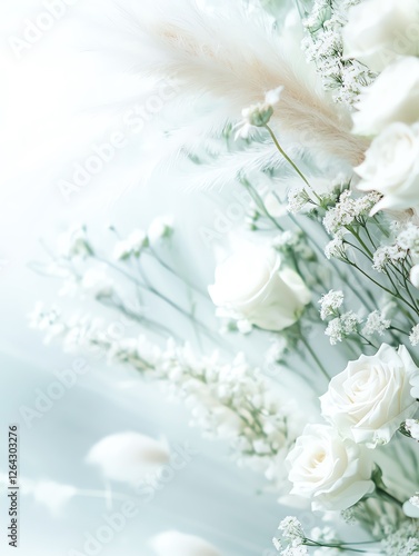 Elegant arrangement of white roses and delicate foliage.