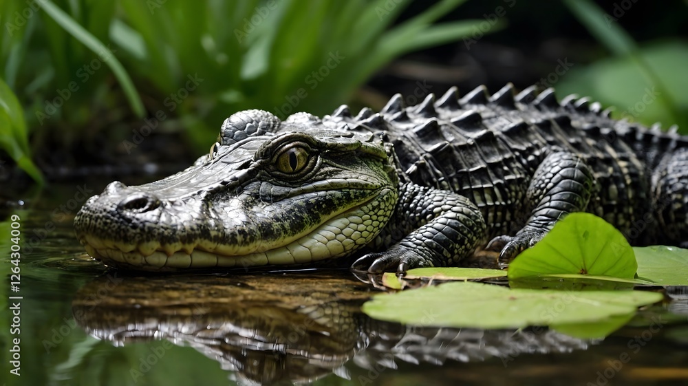 Fototapeta premium Tranquil Moment: Baby Alligator Relaxing Near Stream in Vibrant Habitat