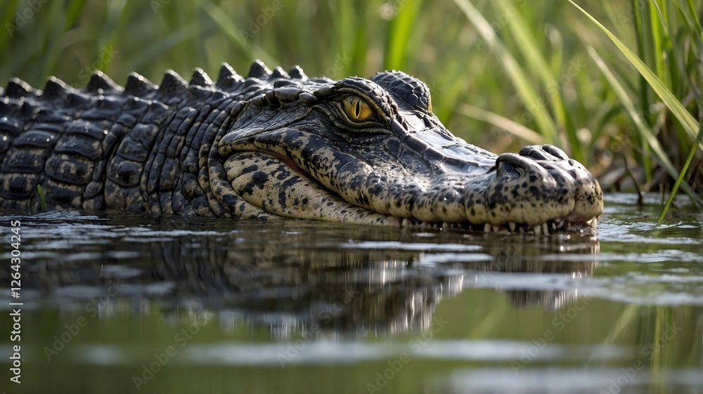 Stealthy Alligator Preparing to Strike Prey Near Waterhole