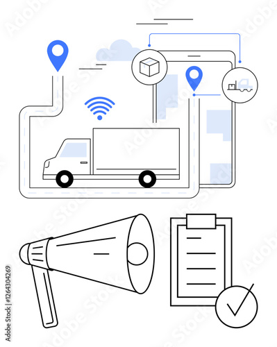 Truck navigating route with geolocation pins, wireless signal, checklist, and megaphone. Ideal for communication, shipment tracking, logistics, delivery systems, supply chains planning tools