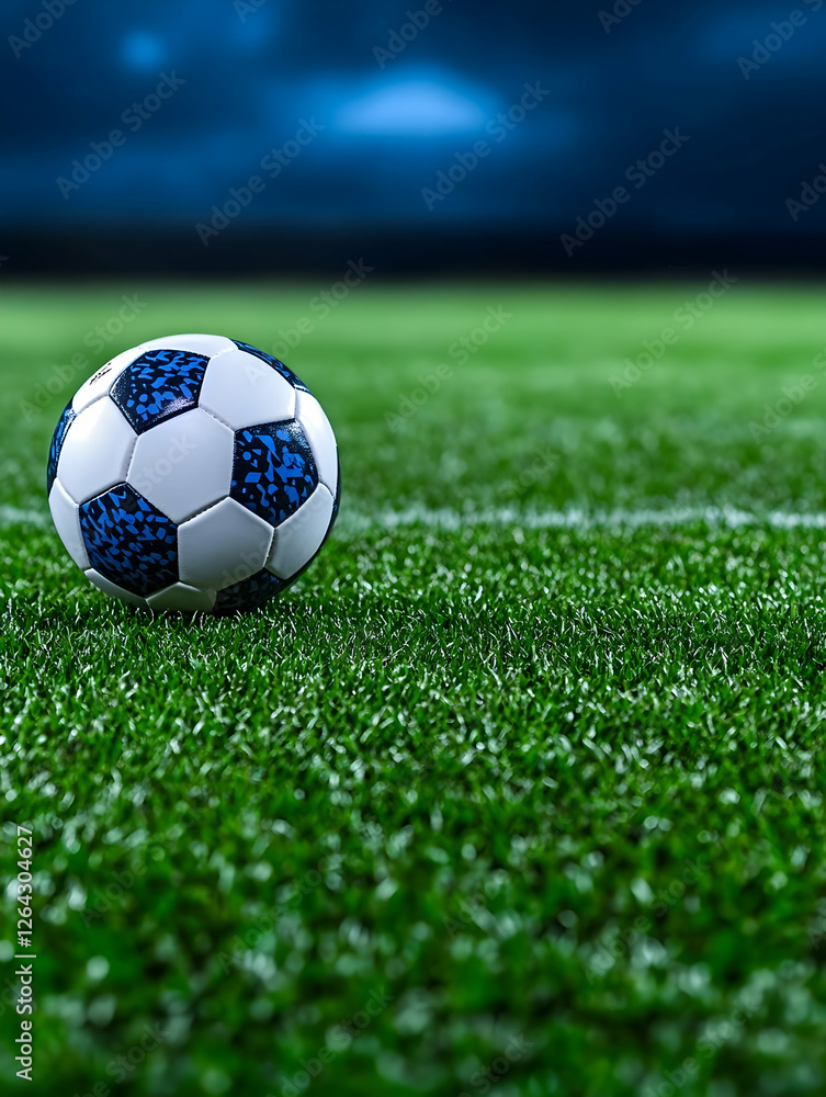 Fototapeta premium Soccer ball on grass field at night for tournament promotion generative AI
