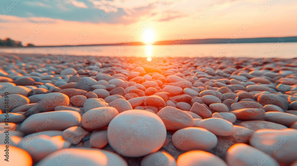 Fototapeta premium Sunset beach pebbles; serene lake background, peaceful landscape