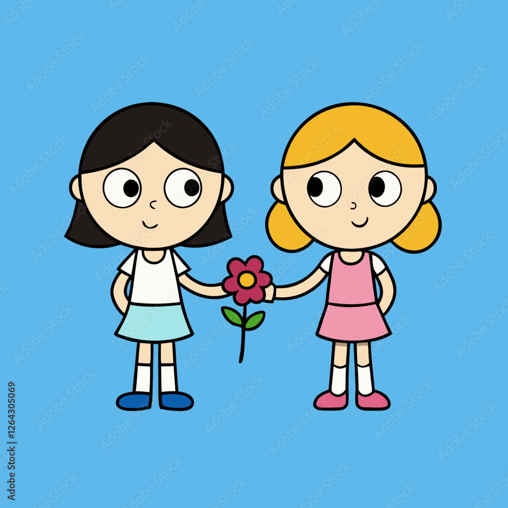 Two Girls with Flowers - vector illustration Two Girls with Flowers - vector illustration