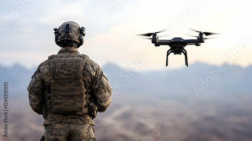 Soldier operating drone in field for surveillance. Defense system application generative AI