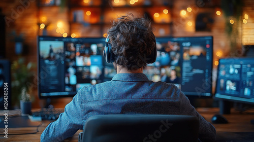 Job seeker attending a virtual career fair from the comfort of their home office photo