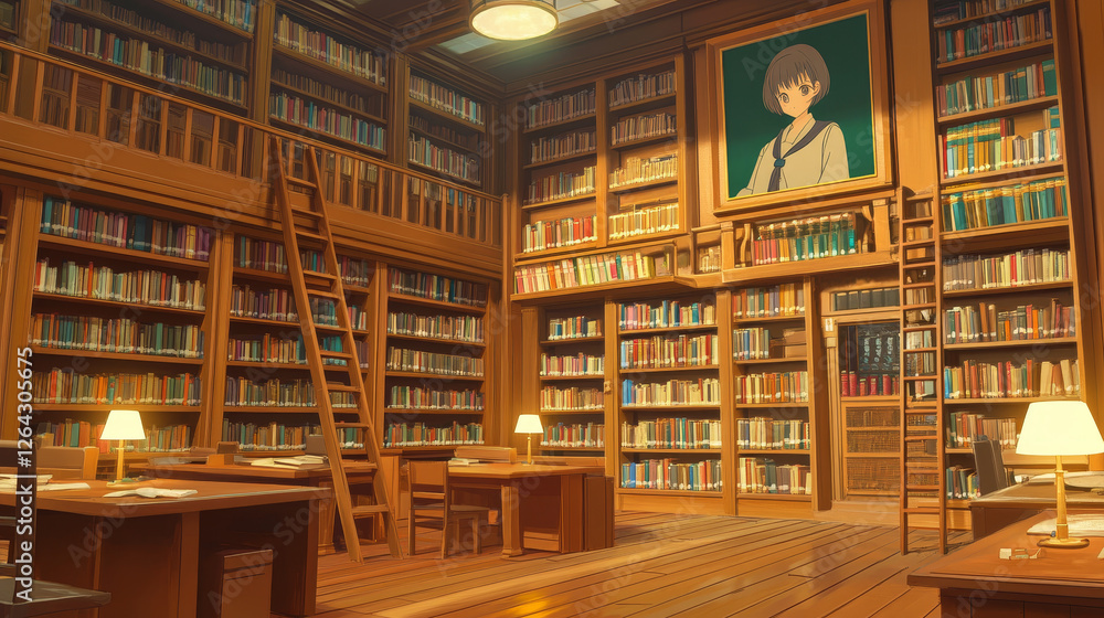 Library interior, empty room for reading with various books on wooden shelves, ladder, desks with lamps and picture of schoolgirl on wall. Cozy place for literature collection cartoon vector athenaeum Library interior, empty room for reading with various books on wooden shelves, ladder, desks with lamps and picture of schoolgirl on wall. Cozy place for literature collection cartoon vector athenaeum