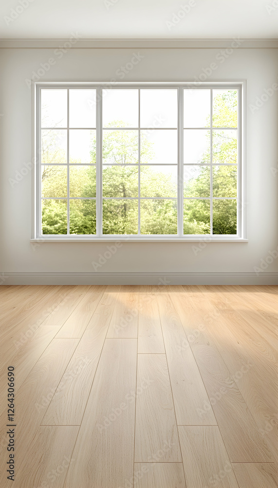 Sunny Living Room Window View with Sunlight and Trees. Home Design use generative AI Sunny Living Room Window View with Sunlight and Trees. Home Design use generative AI