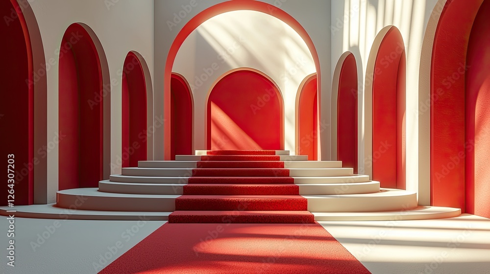 Fototapeta premium Elegant interior with red arches and stairs, featuring soft lighting and minimalistic design
