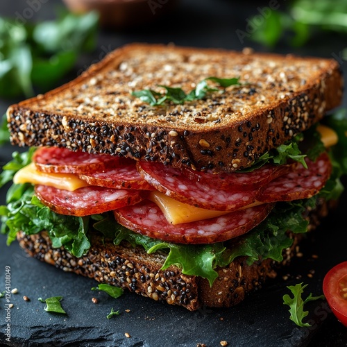 Delicious Salami and Cheese Sandwich on Dark Seeded Bread with Fresh Greens, a Perfect Lunch or Snack Option on a Dark Slate Surface, a Delightful Culinary Presentation
