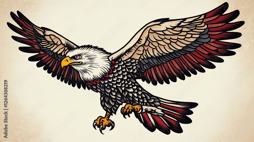 Fototapeta premium A bold and iconic American traditional style eagle tattoo design, featuring a majestic eagle with outstretched wings, sharp talons, and a patriotic vibe.