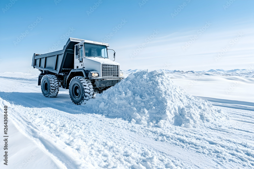 Truck plowing snowy road on arctic landscape. Possible for winter transport use generative AI Truck plowing snowy road on arctic landscape. Possible for winter transport use generative AI