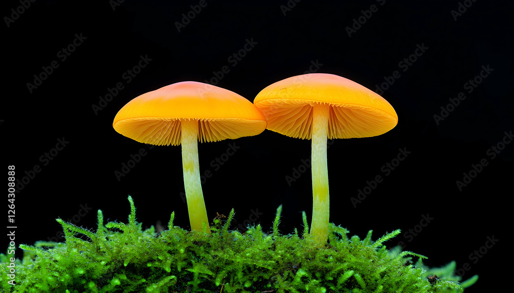 Fototapeta premium Two orange mushrooms, growing on moss against black backdrop, macro shot for education generative AI