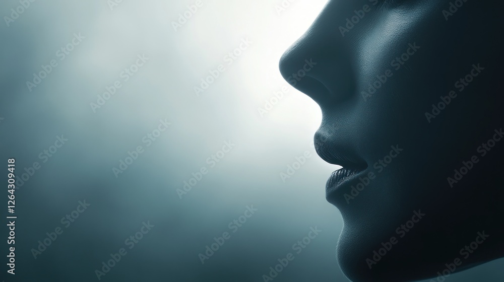 Woman's profile, serene expression, misty background, digital art, website banner Woman's profile, serene expression, misty background, digital art, website banner