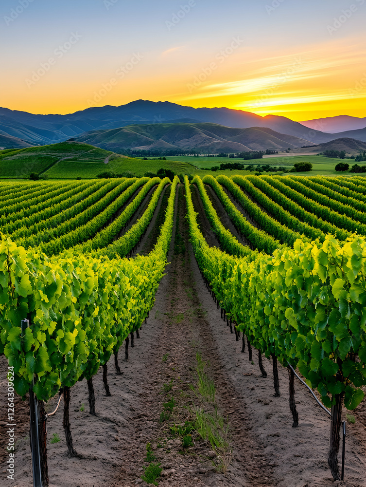 Naklejka premium Vineyard rows stretch to mountains at sunset. Wine ad, travel, wine, agriculture generative AI