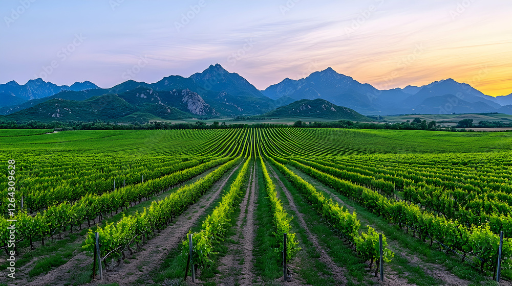 Naklejka premium Vineyard landscape with rows of grape vines and mountain range in the background generative AI