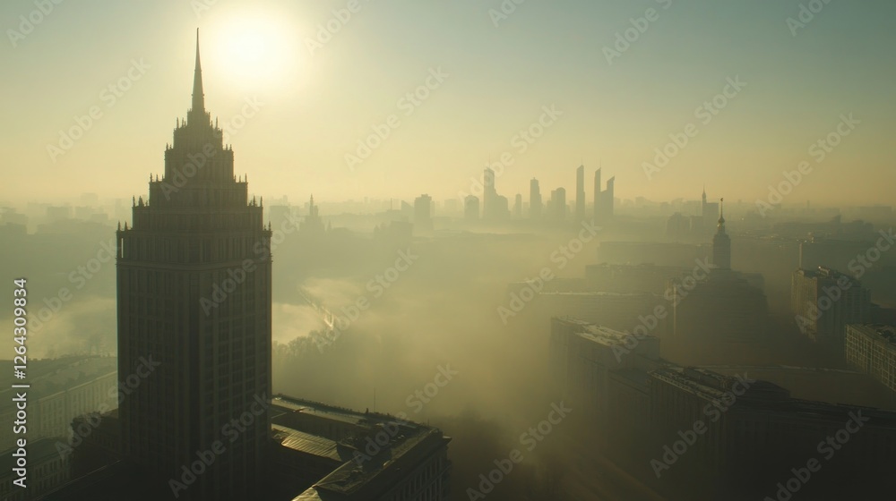 Obraz premium Sunrise Foggy Cityscape Skyline Aerial View