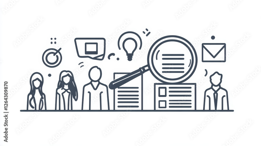 Job recruit doodle concept with applicant resume and outline business icons magnifier, pen, cv, loudspeaker, envelope, target with arrow. Interview, human resource search Line art vector illustration Job recruit doodle concept with applicant resume and outline business icons magnifier, pen, cv, loudspeaker, envelope, target with arrow. Interview, human resource search Line art vector illustration