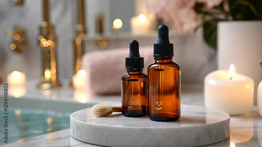 Elegant display of essential oils and beauty tools arranged on a marble surface in a serene bath setting during evening relaxation Elegant display of essential oils and beauty tools arranged on a marble surface in a serene bath setting during evening relaxation