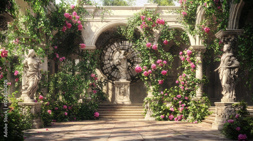 Fototapeta premium Hidden Courtyard with Weathered Statue and Vibrant Flowering Vines