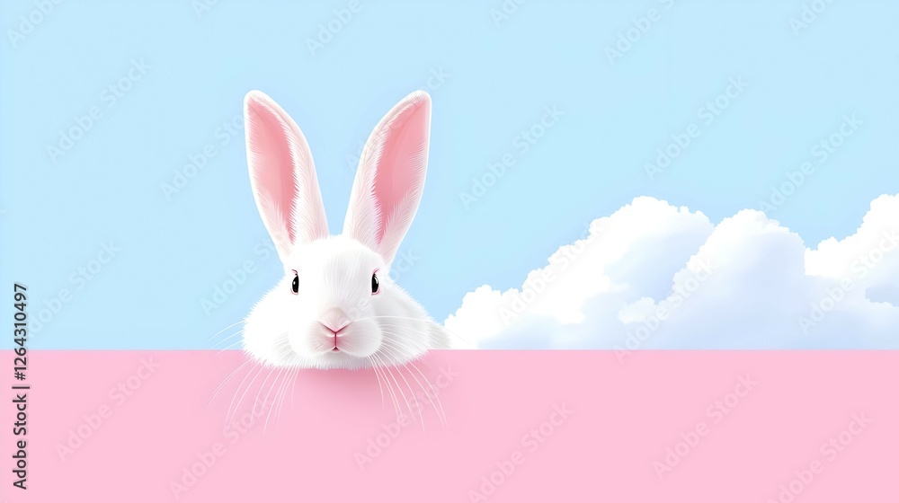 White Pixel Rabbit Peeking Over Pink Wall With Fluffy Clouds White Pixel Rabbit Peeking Over Pink Wall With Fluffy Clouds