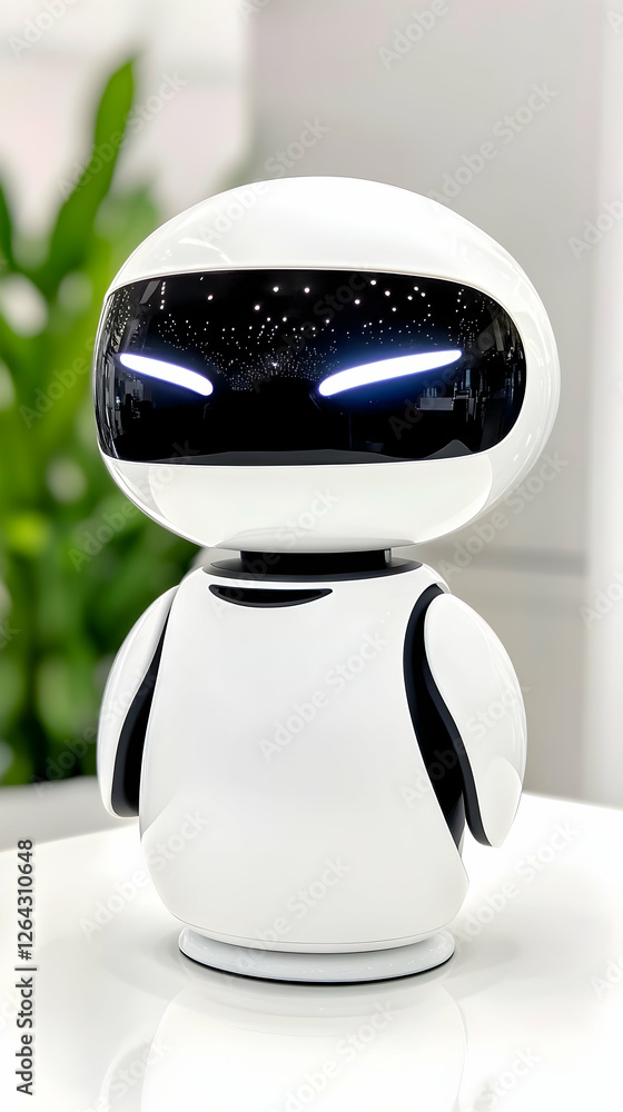 White robot with glowing eyes, sitting on table in office, for tech concept generative AI White robot with glowing eyes, sitting on table in office, for tech concept generative AI
