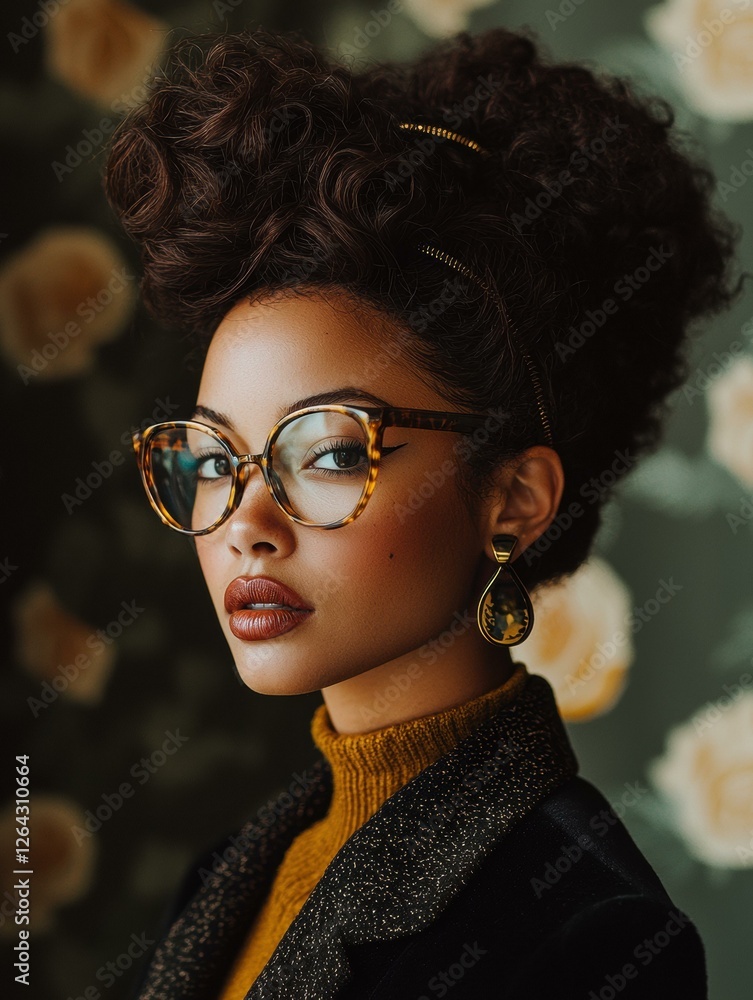 A woman with long dark hair and round sunglasses. AI. A woman with long dark hair and round sunglasses. AI.