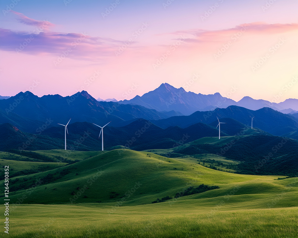 Obraz premium Wind turbines turn on hillside with green grass and mountain landscape at dusk generative AI