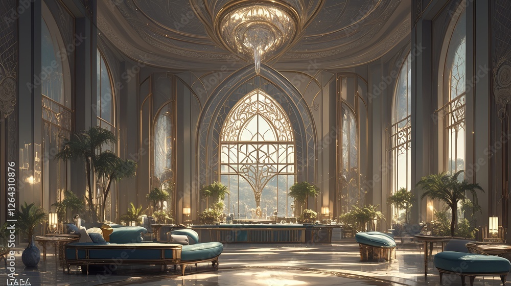 Fototapeta premium Grand palace interior, sunlit lounge, ornate decor, serene garden view