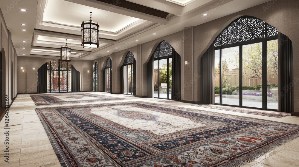 Obraz premium Spacious interior of an elegant hall with intricate decor, large windows, and beautiful rugs
