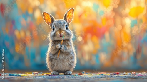 A fluffy white bunny sits near colorful paint. AI.